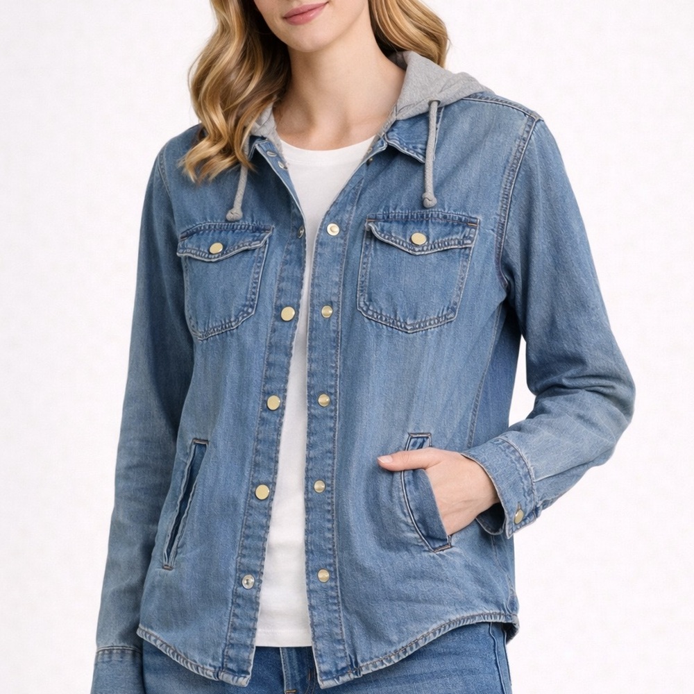H&M Divided Denim Hooded Jacket Blue Cotton Snap Front Size 0‎